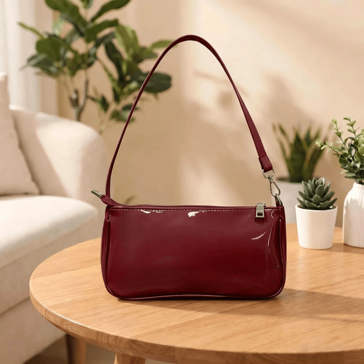 Patent Leather Baguette Bag Burgundy